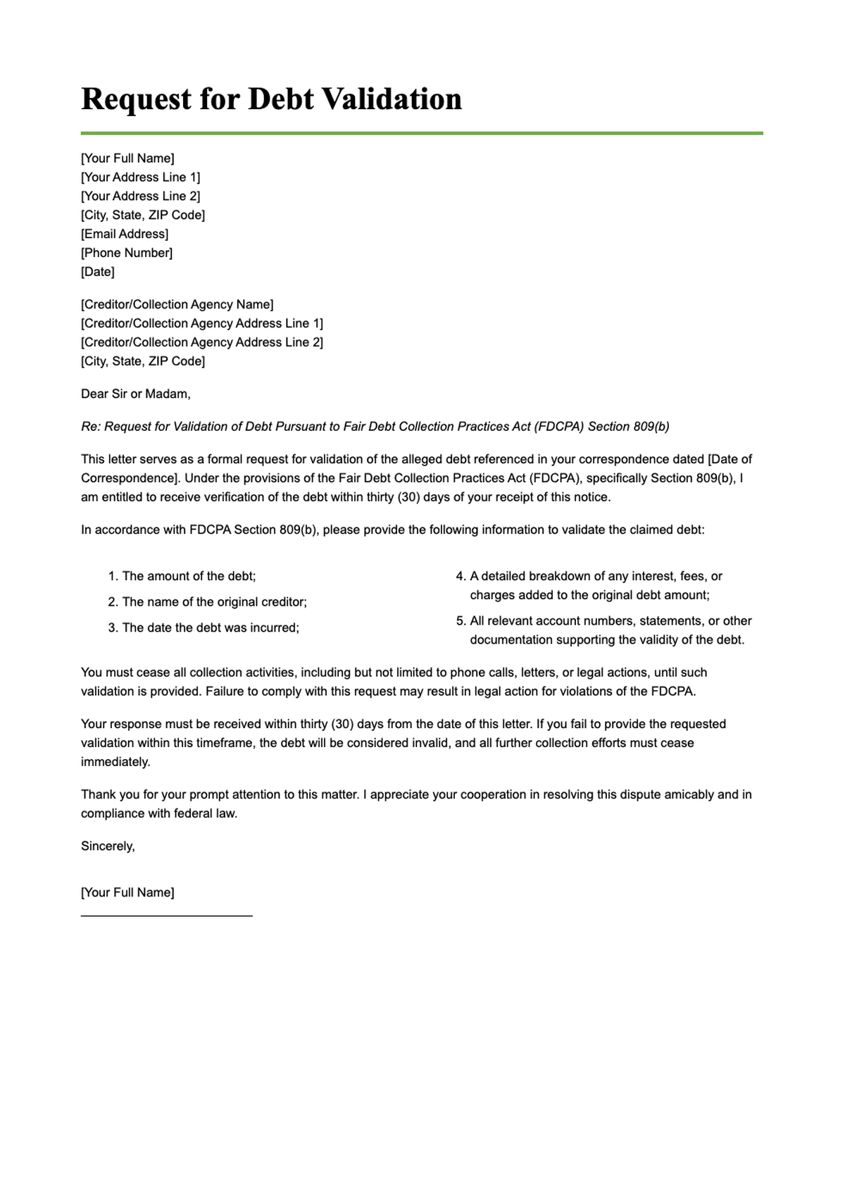 Request for Debt Validation Letter under FDCPA with placeholders_variant_3